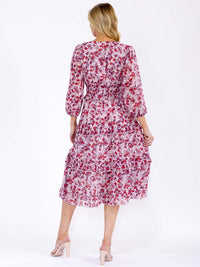 WOMEN'S 3/4 SLEEVE V-NECK ELASTIC WAIST TIERED FLORAL MIDI DRESS