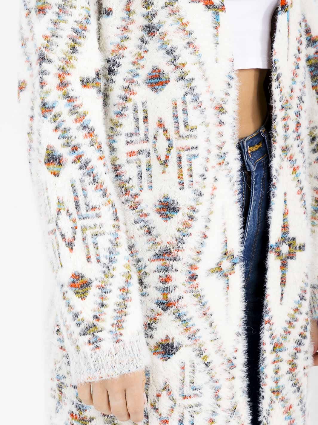 WOMEN'S LONG SLEEVE OPEN FRONT MULTI PRINT FUZZY CARDIGAN