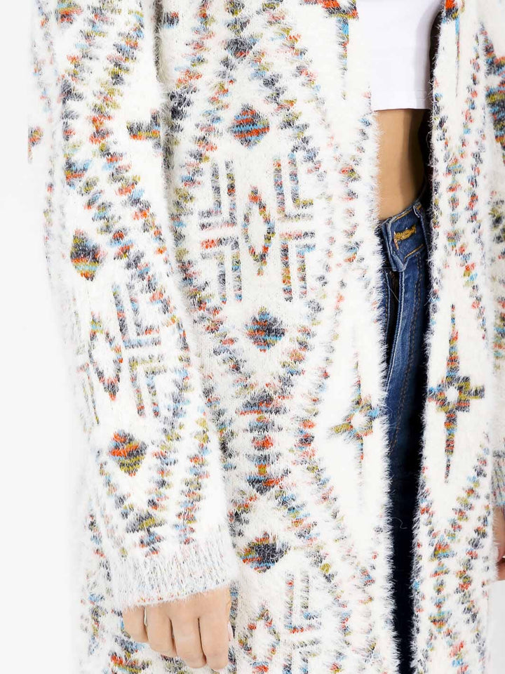 WOMEN'S LONG SLEEVE OPEN FRONT MULTI PRINT FUZZY CARDIGAN