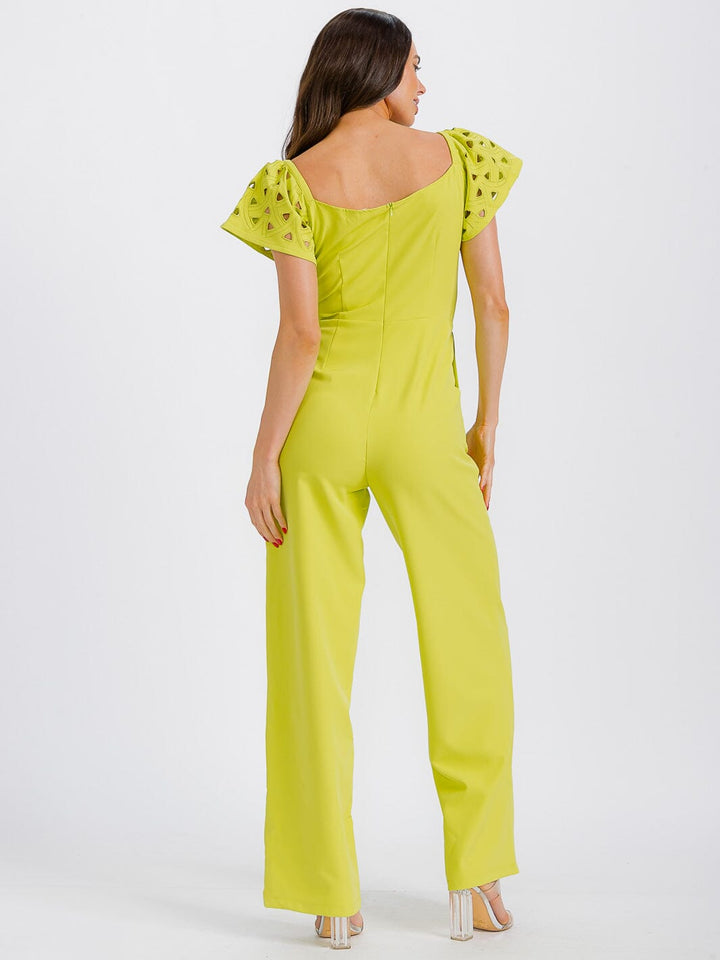 WOMEN'S SHORT SLEEVE V-NECK CUT OUT FRONT POCKETS WIDE LEG JUMPSUIT