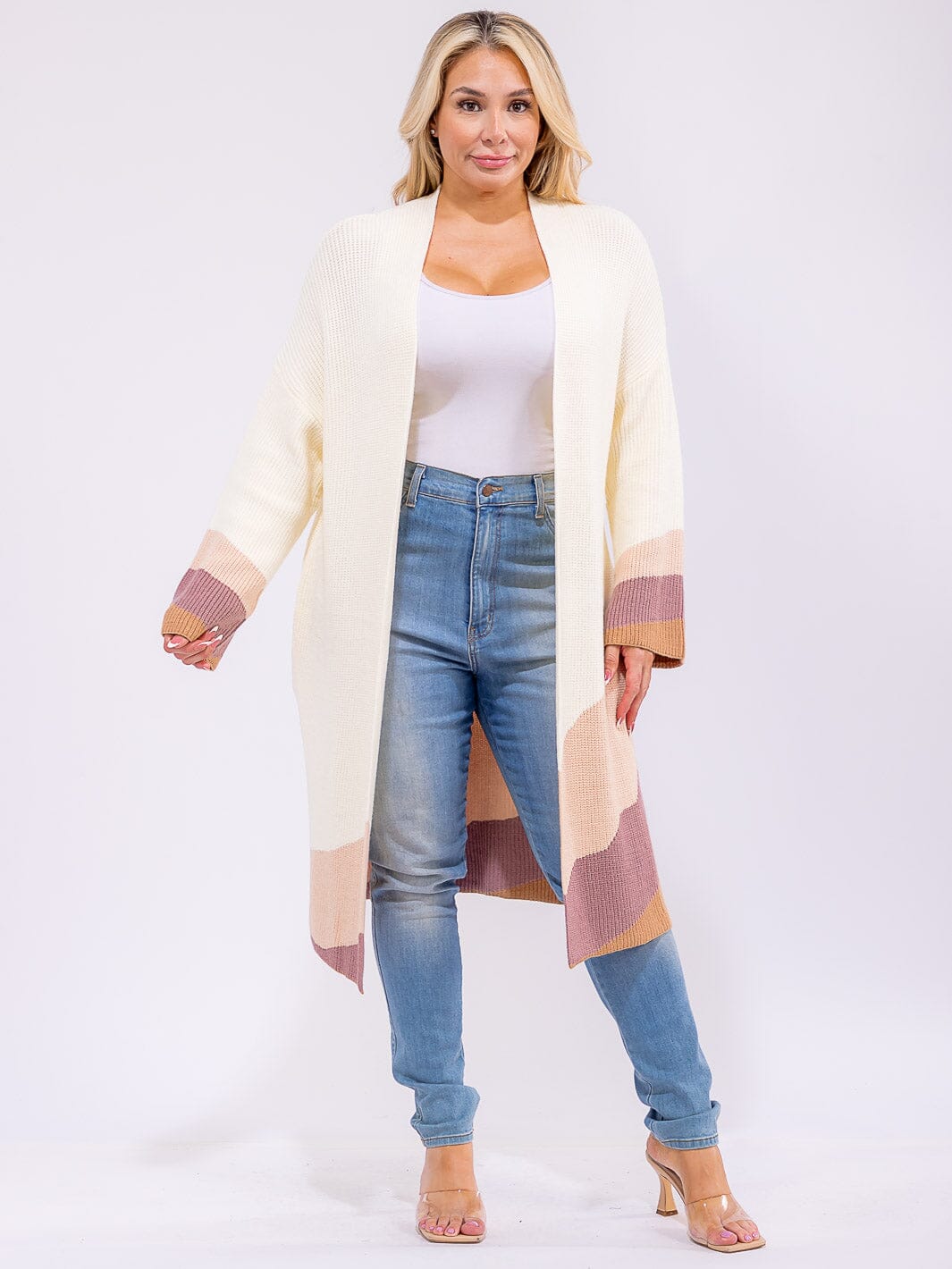 PLUS SIZE LONG SLEEVE OPEN FRONT POCKETS COLORBLOCK DETAILED CARDIGAN