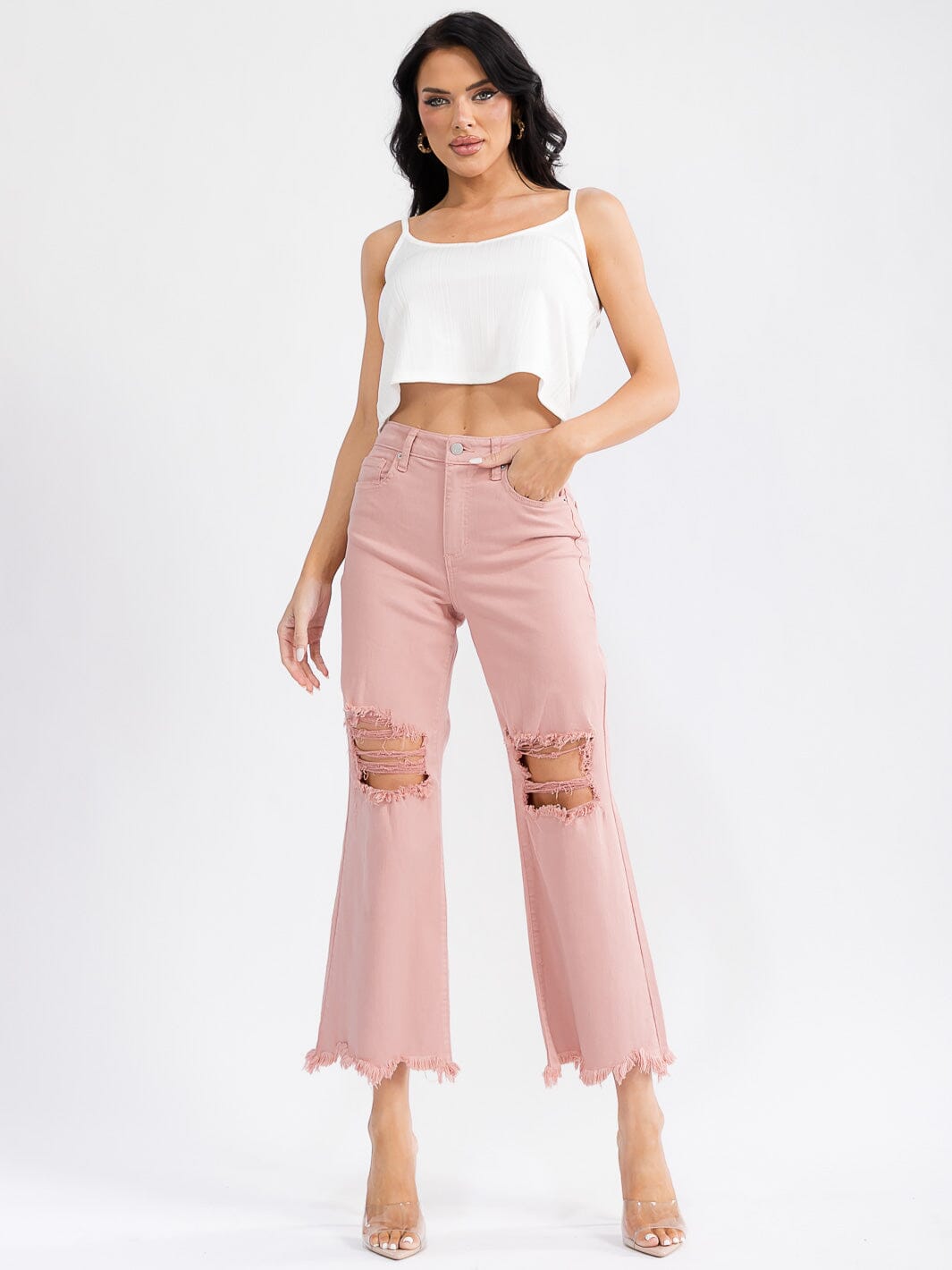 WOMEN'S BUTTON CLOSURE POCKETS DISTRESS BELL LEG DENIM PANTS