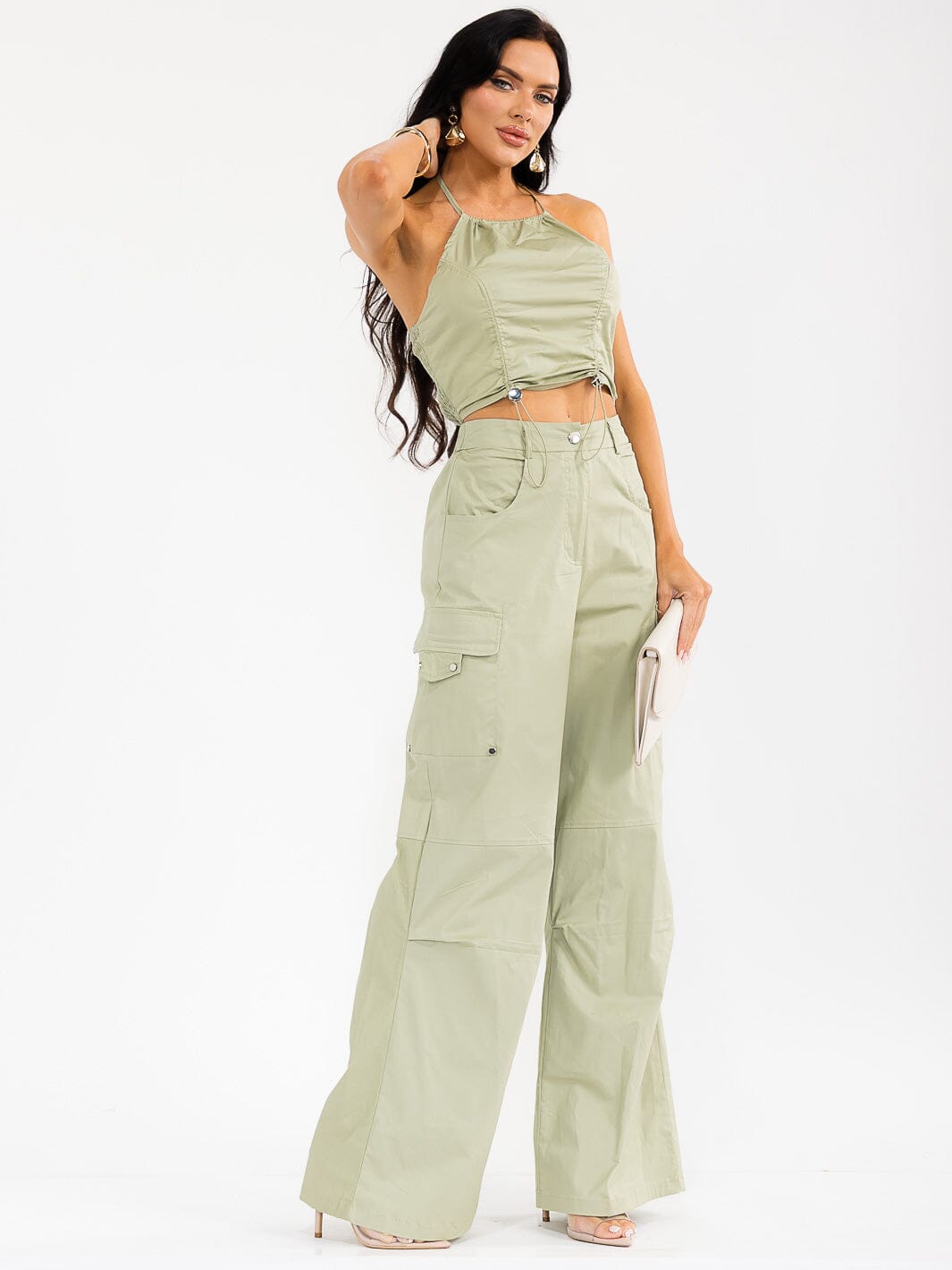 WOMEN'S SLEEVELESS CROP TOP & BUTTON CLOSURE PANTS SOLID 2PC. SET