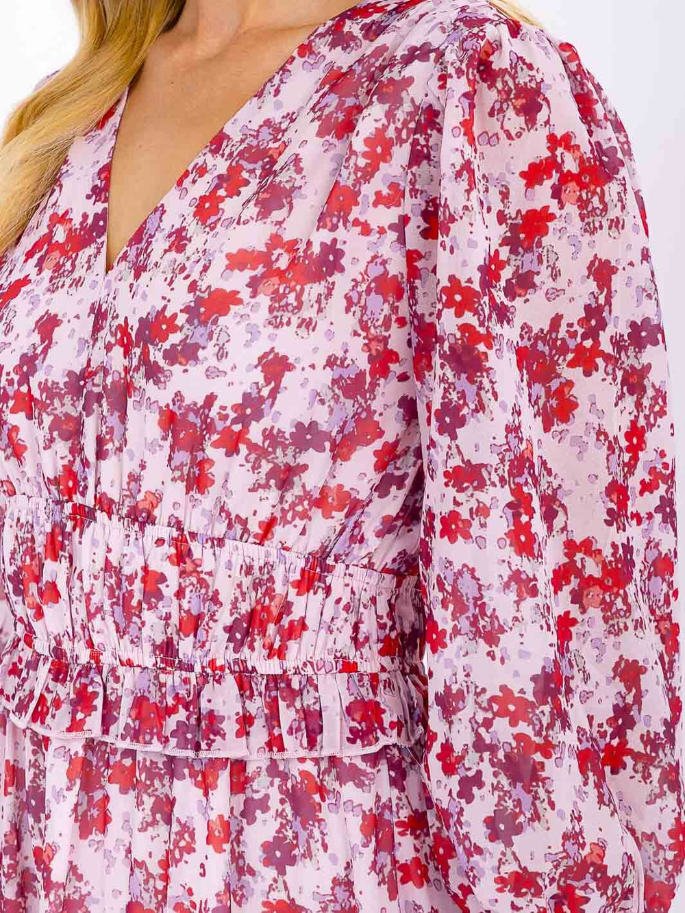 WOMEN'S 3/4 SLEEVE V-NECK ELASTIC WAIST TIERED FLORAL MIDI DRESS