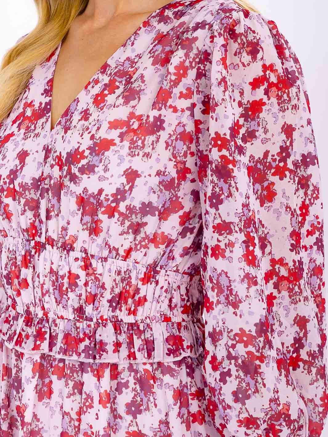 WOMEN'S 3/4 SLEEVE V-NECK ELASTIC WAIST TIERED FLORAL MIDI DRESS