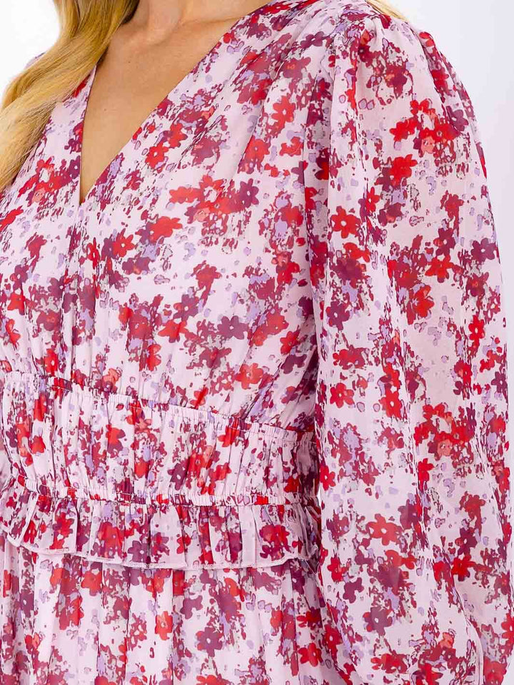 WOMEN'S 3/4 SLEEVE V-NECK ELASTIC WAIST TIERED FLORAL MIDI DRESS