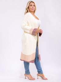 PLUS SIZE LONG SLEEVE OPEN FRONT POCKETS COLORBLOCK DETAILED CARDIGAN