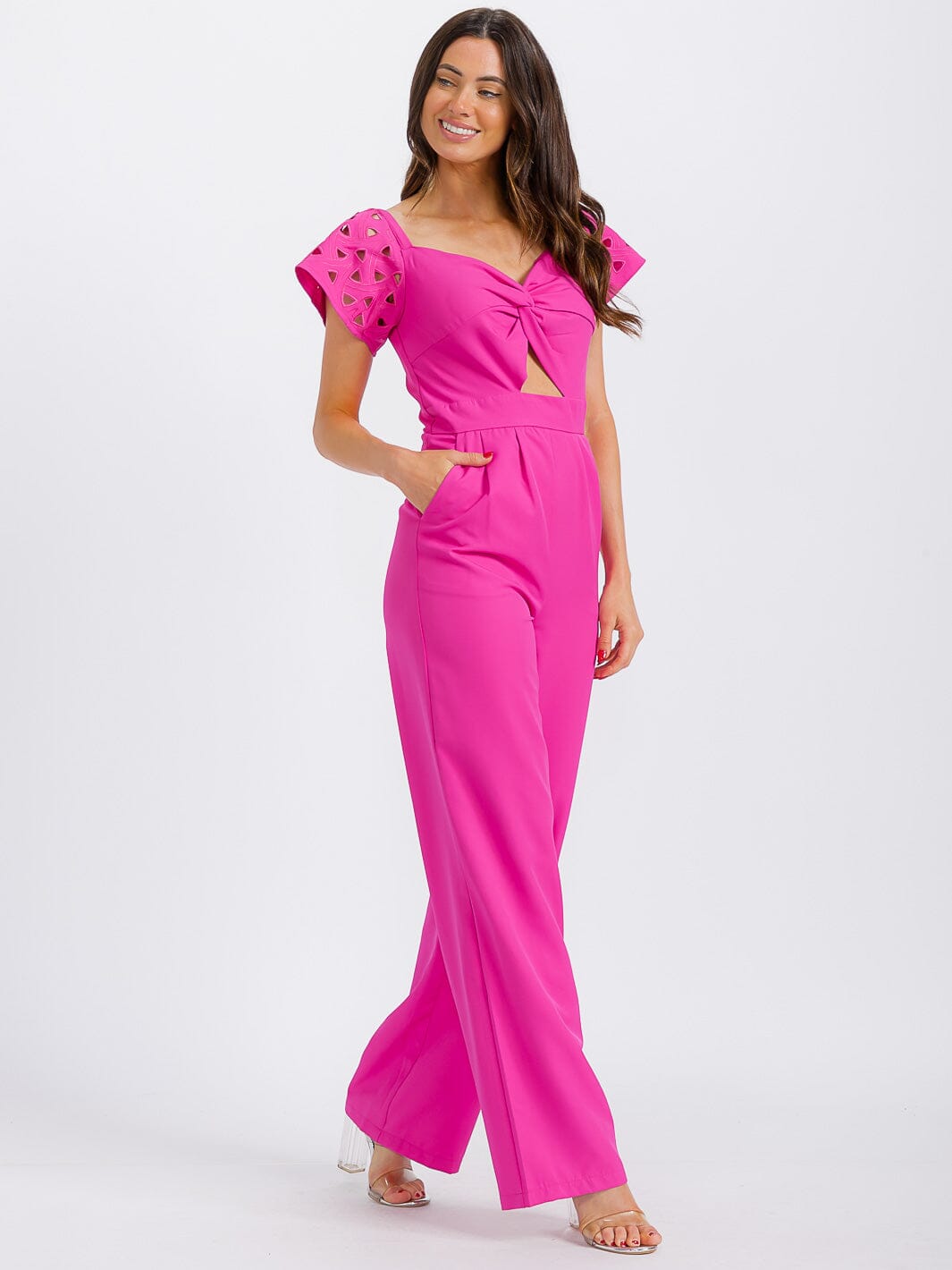 WOMEN'S SHORT SLEEVE V-NECK CUT OUT FRONT POCKETS WIDE LEG JUMPSUIT