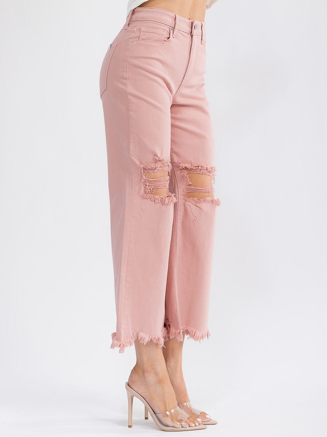 WOMEN'S BUTTON CLOSURE POCKETS DISTRESS BELL LEG DENIM PANTS