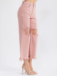 WOMEN'S BUTTON CLOSURE POCKETS DISTRESS BELL LEG DENIM PANTS