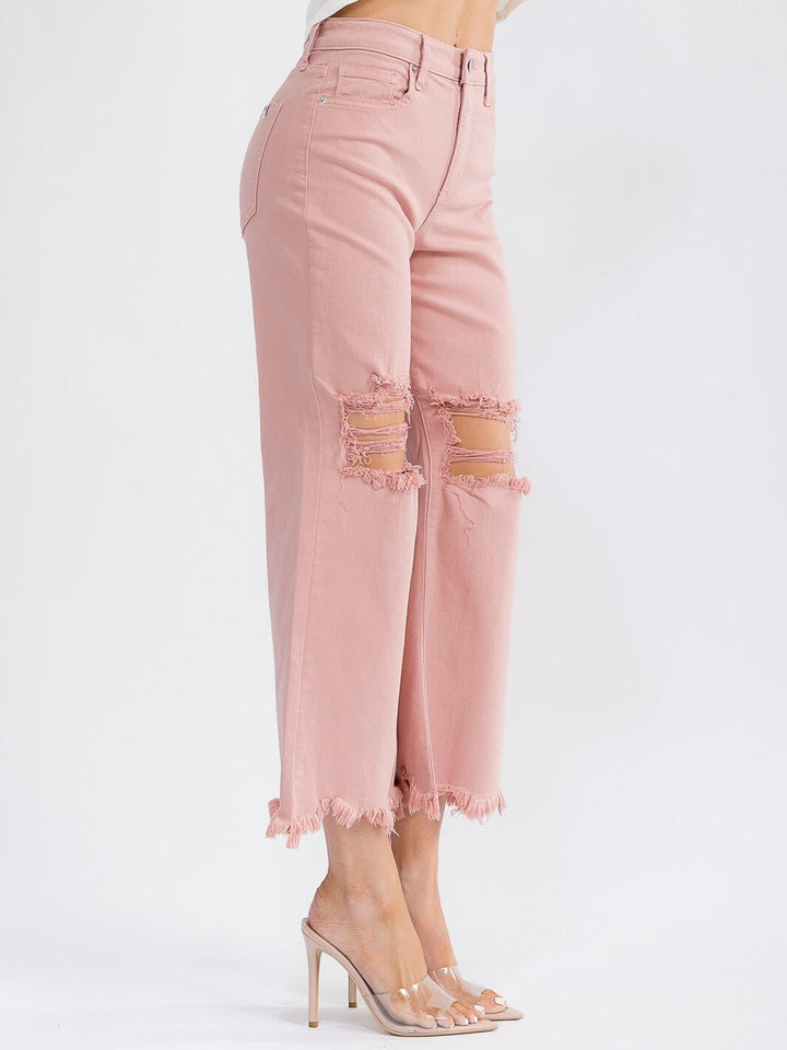 WOMEN'S BUTTON CLOSURE POCKETS DISTRESS BELL LEG DENIM PANTS