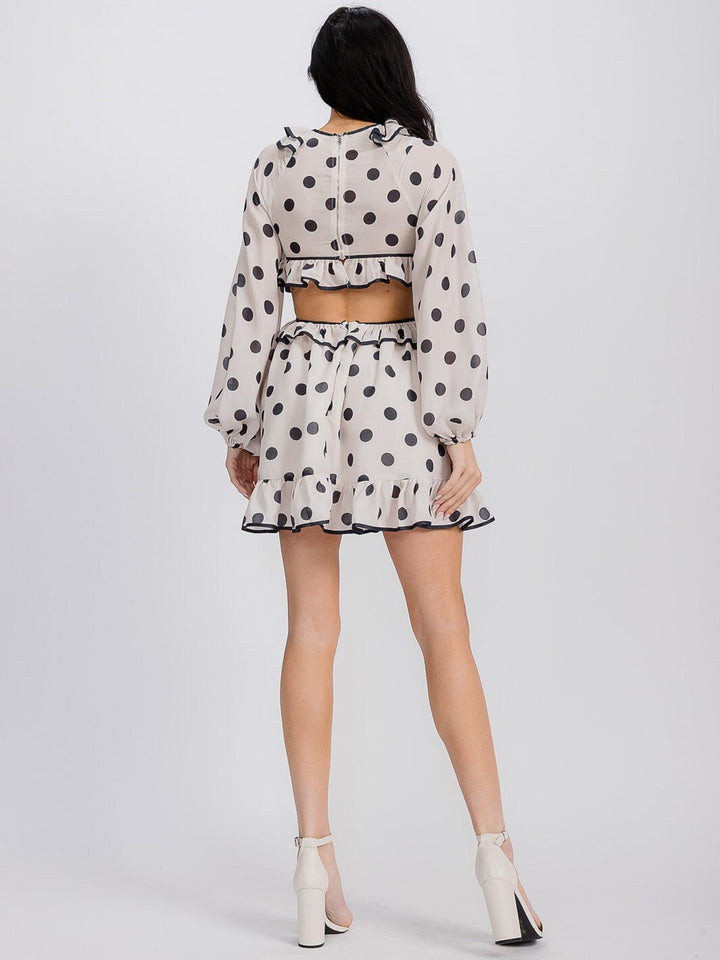 WOMEN'S LONG SLEEVE CUT OUT RUFFLE POLKA DOTS MINI DRESS