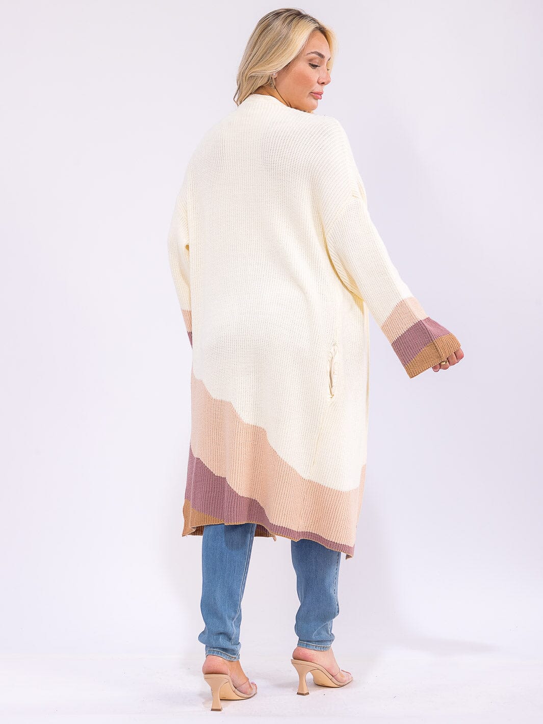 PLUS SIZE LONG SLEEVE OPEN FRONT POCKETS COLORBLOCK DETAILED CARDIGAN