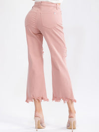 WOMEN'S BUTTON CLOSURE POCKETS DISTRESS BELL LEG DENIM PANTS