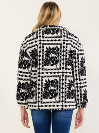WOMEN'S LONG SLEEVE ZIP UP FRONT POCKETS FLORAL PRINT SHERPA BOMBER JACKET