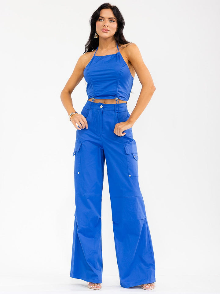 WOMEN'S SLEEVELESS CROP TOP & BUTTON CLOSURE PANTS SOLID 2PC. SET