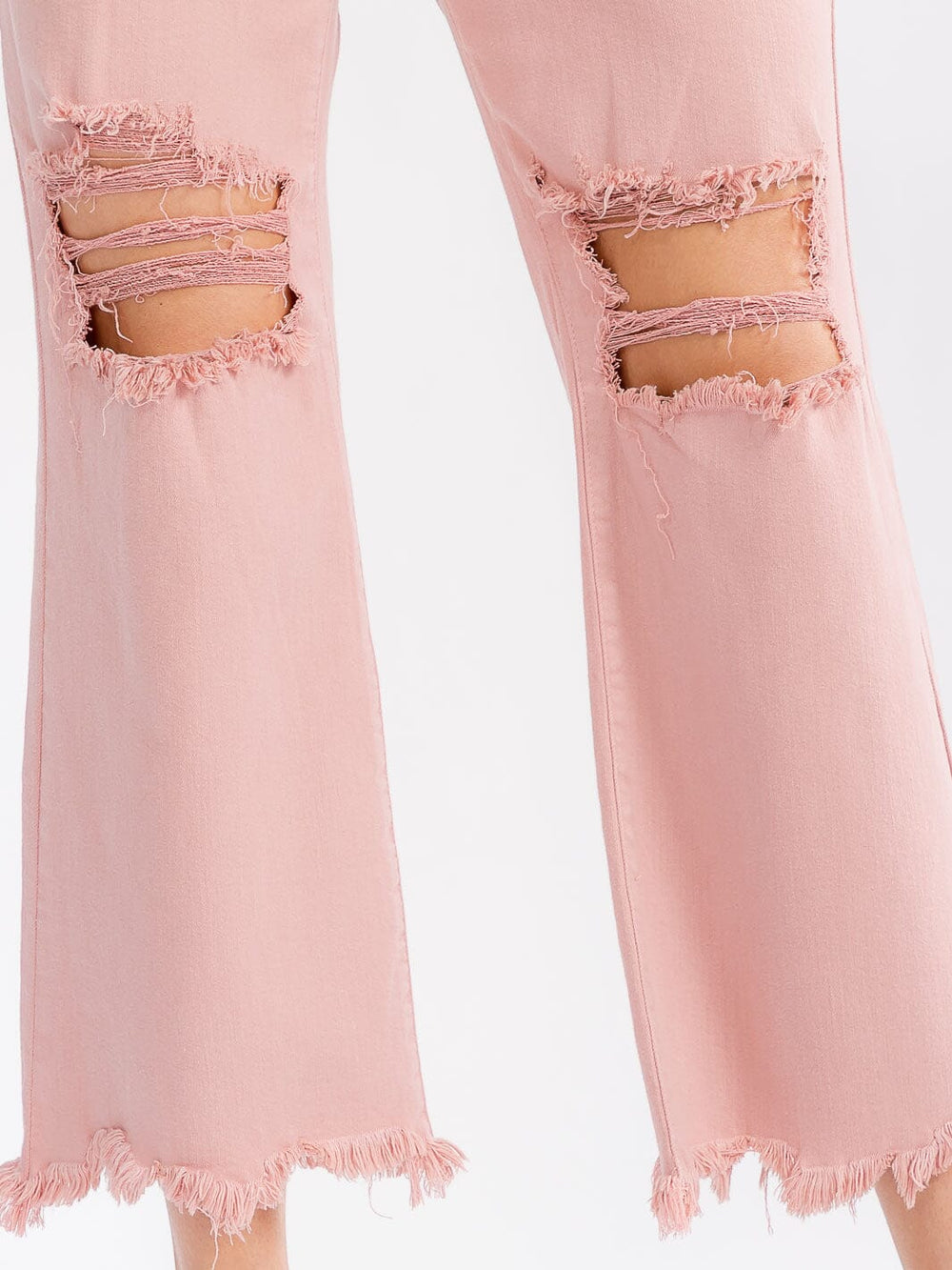 WOMEN'S BUTTON CLOSURE POCKETS DISTRESS BELL LEG DENIM PANTS