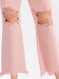 WOMEN'S BUTTON CLOSURE POCKETS DISTRESS BELL LEG DENIM PANTS