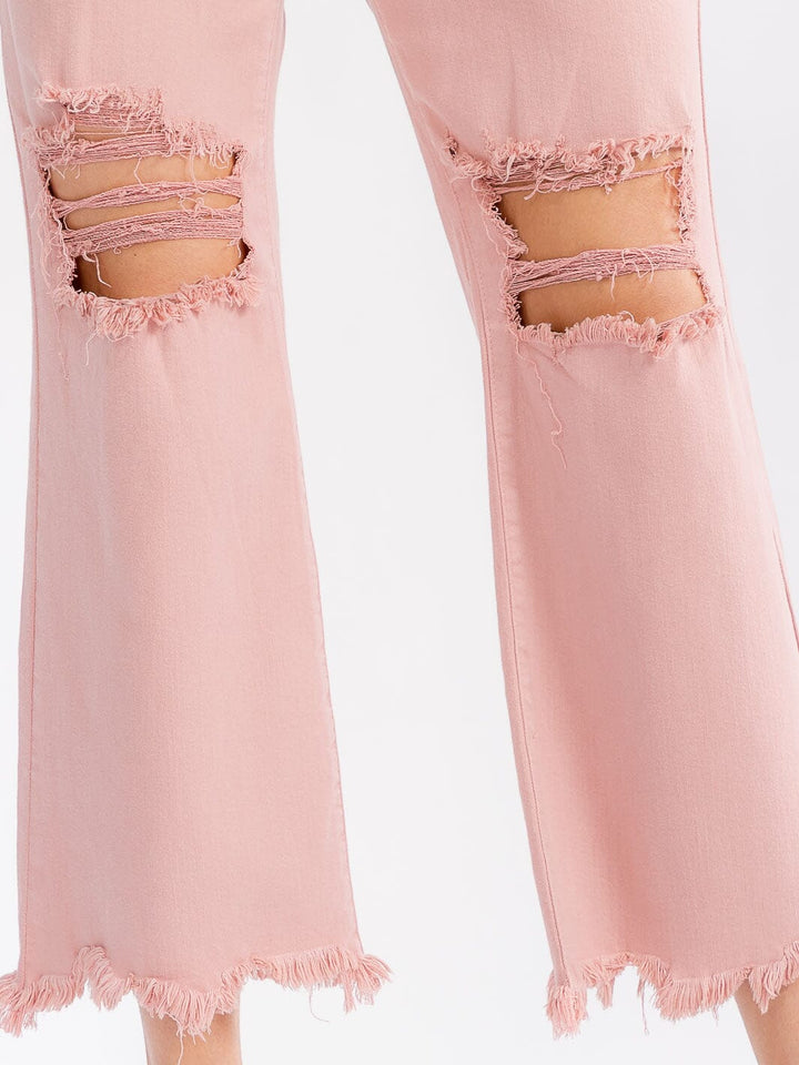 WOMEN'S BUTTON CLOSURE POCKETS DISTRESS BELL LEG DENIM PANTS