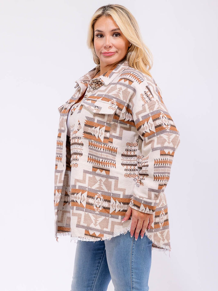 PLUS SIZE LONG BUTTON CLOSURE FRONT POCKETS MULTI PRINT JACKET