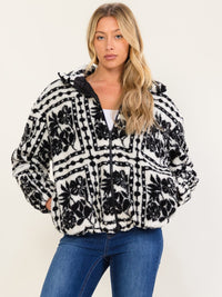 WOMEN'S LONG SLEEVE ZIP UP FRONT POCKETS FLORAL PRINT SHERPA BOMBER JACKET