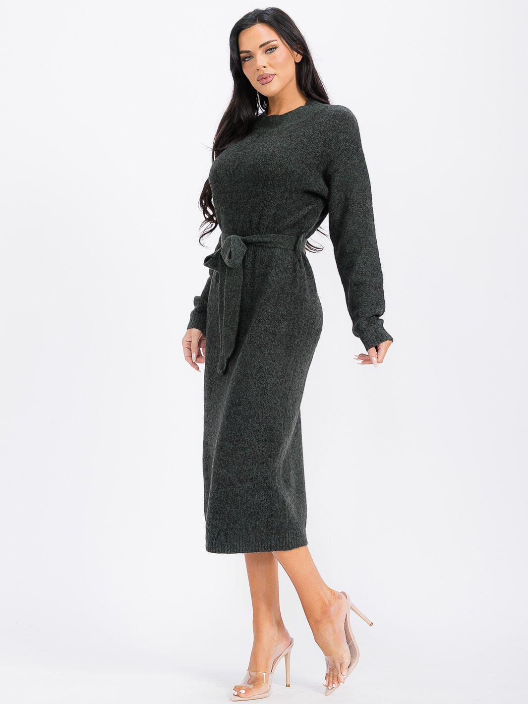 WOMEN'S LONG SLEEVE SELF TIE MAXI DRESS