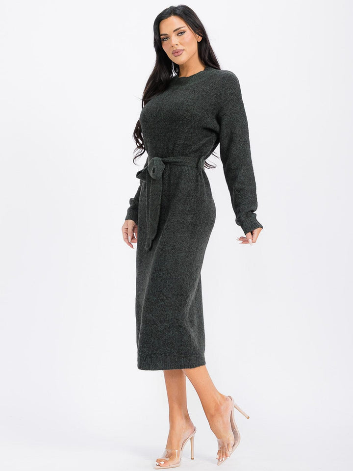 WOMEN'S LONG SLEEVE SELF TIE MAXI DRESS