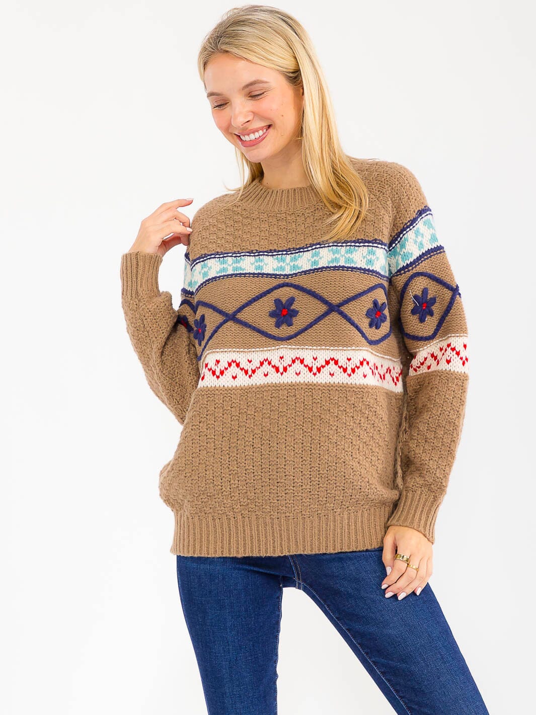 WOMEN'S LONG SLEEVE KNIT PULLOVER EMBROIDERY SWEATER