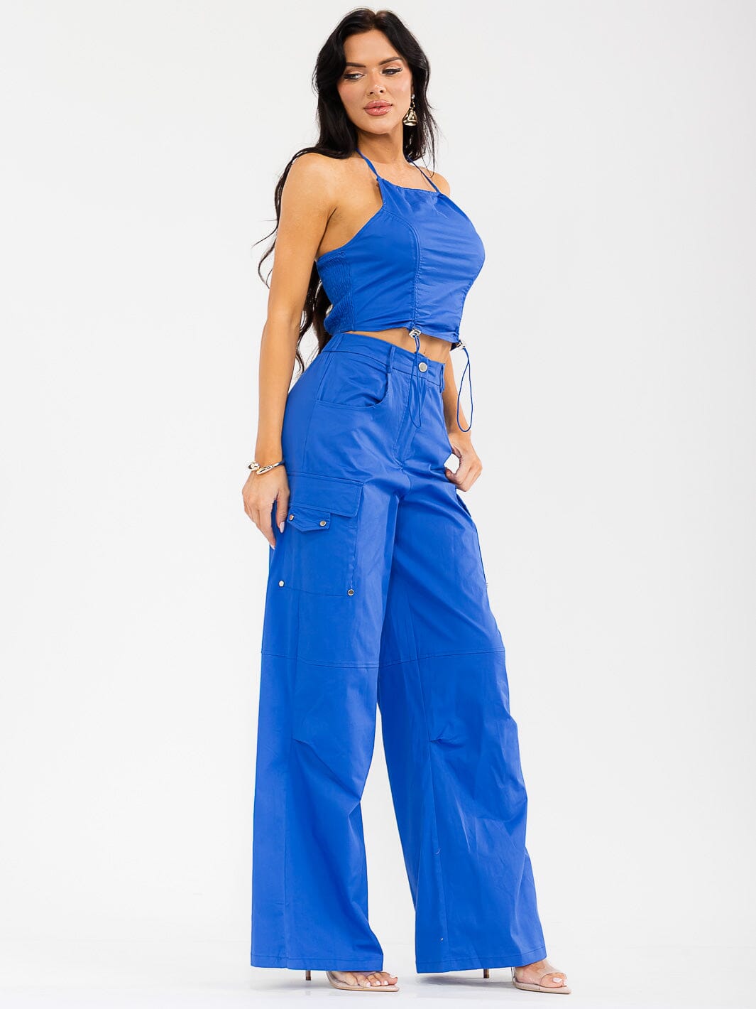 WOMEN'S SLEEVELESS CROP TOP & BUTTON CLOSURE PANTS SOLID 2PC. SET