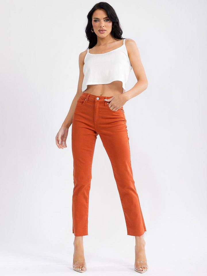 WOMEN'S BUTTON CLOSURE POCKETS RAW EDGE STRAIGHT LEG DENIM PANTS