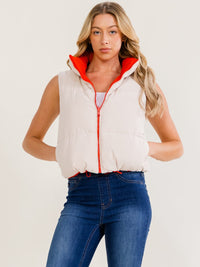WOMEN'S SLEEVELESS ZIP UP FRONT POCKETS ADJUSTABLE WAIST REVERSABLE PUFFER VEST