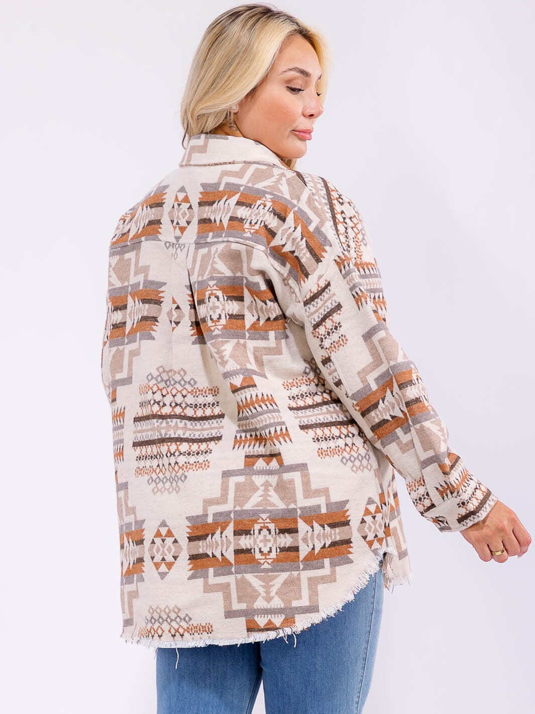 PLUS SIZE LONG BUTTON CLOSURE FRONT POCKETS MULTI PRINT JACKET