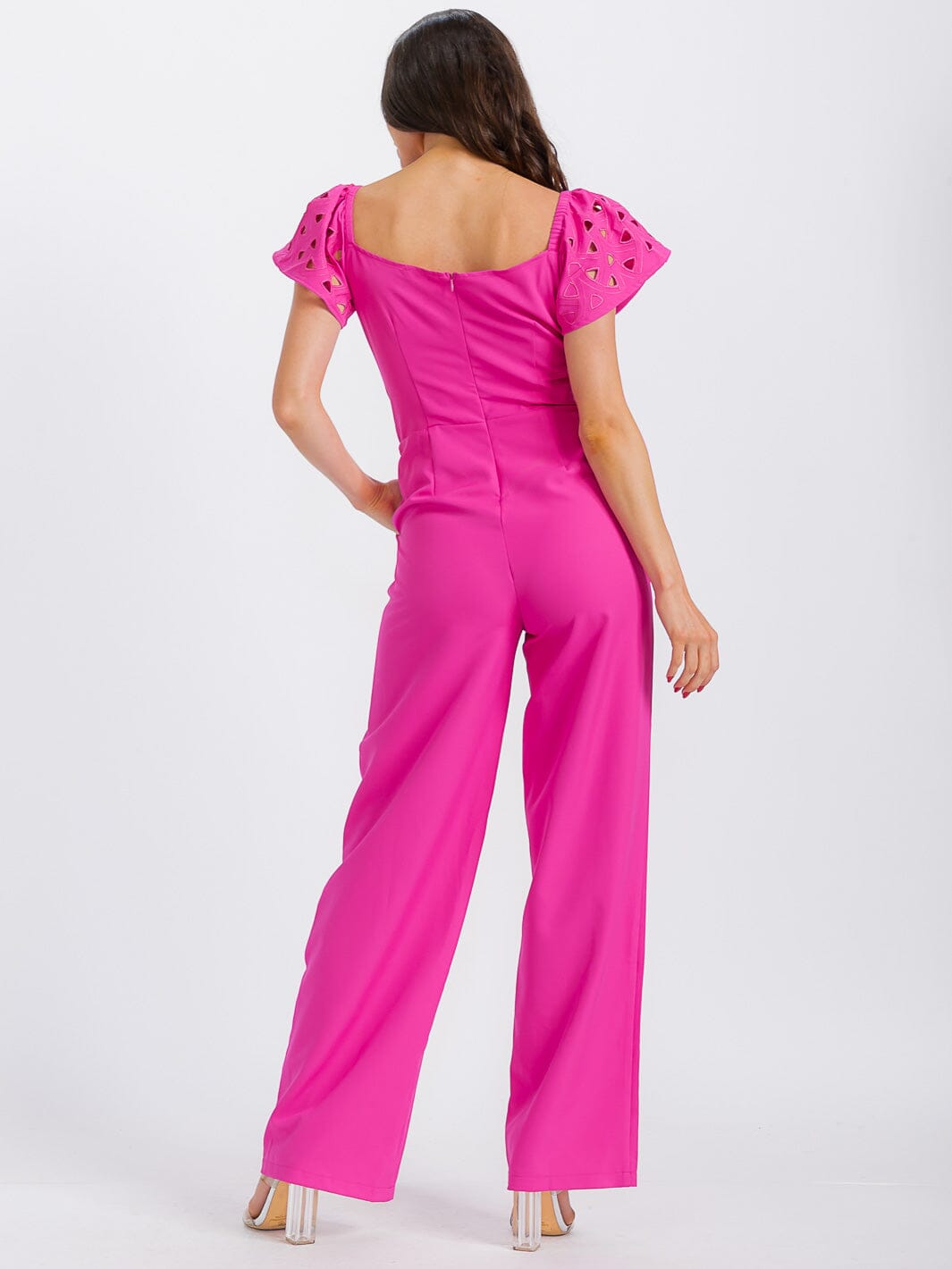 WOMEN'S SHORT SLEEVE V-NECK CUT OUT FRONT POCKETS WIDE LEG JUMPSUIT