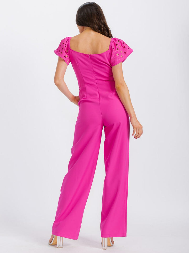 WOMEN'S SHORT SLEEVE V-NECK CUT OUT FRONT POCKETS WIDE LEG JUMPSUIT