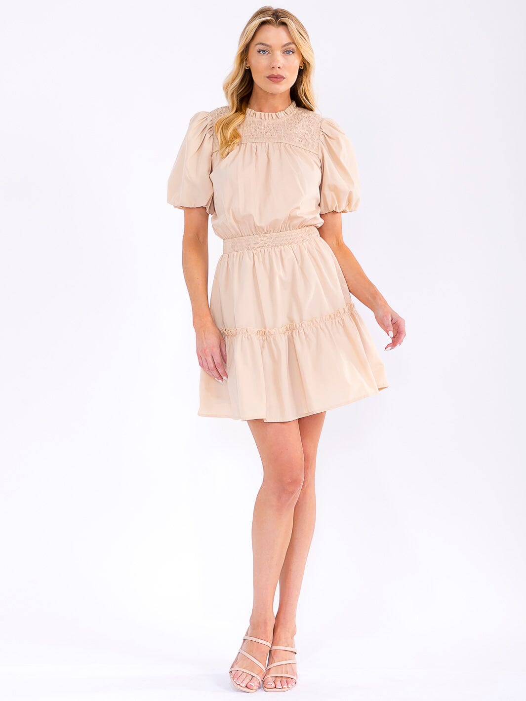WOMEN'S SHORT PUFF SLEEVE ELASTIC WAIST TIERED MINI DRESS