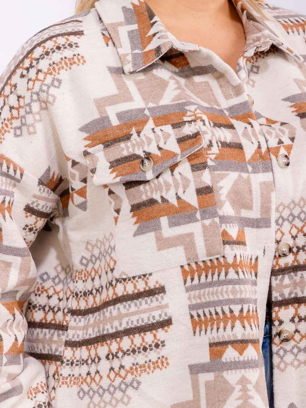 PLUS SIZE LONG BUTTON CLOSURE FRONT POCKETS MULTI PRINT JACKET