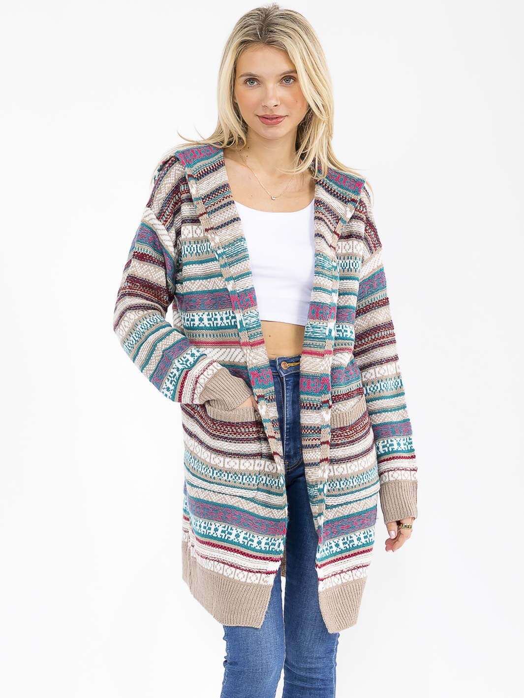 WOMEN'S LONG SLEEVE OPEN FRONT POCKETS MULTI PRINT HOODED CARDIGAN