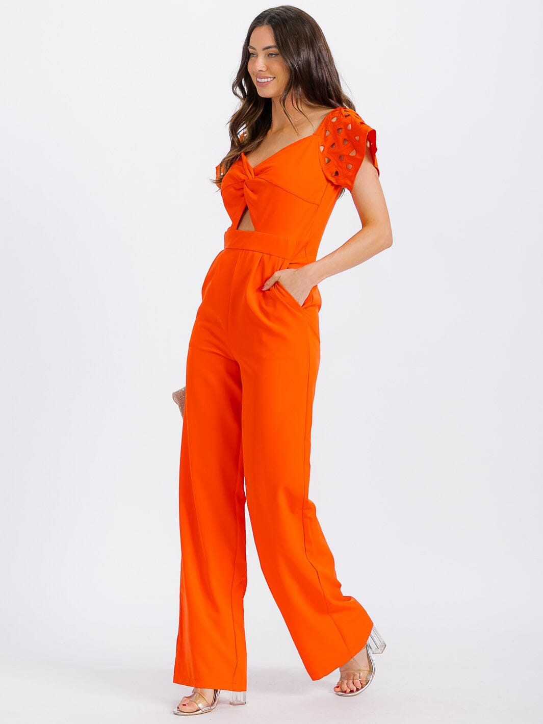 WOMEN'S SHORT SLEEVE V-NECK CUT OUT FRONT POCKETS WIDE LEG JUMPSUIT