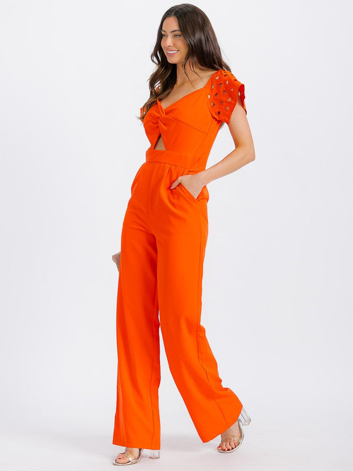 WOMEN'S SHORT SLEEVE V-NECK CUT OUT FRONT POCKETS WIDE LEG JUMPSUIT