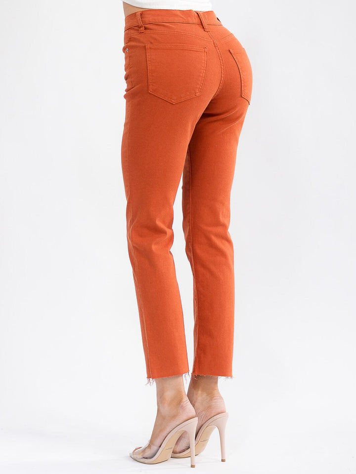 WOMEN'S BUTTON CLOSURE POCKETS RAW EDGE STRAIGHT LEG DENIM PANTS