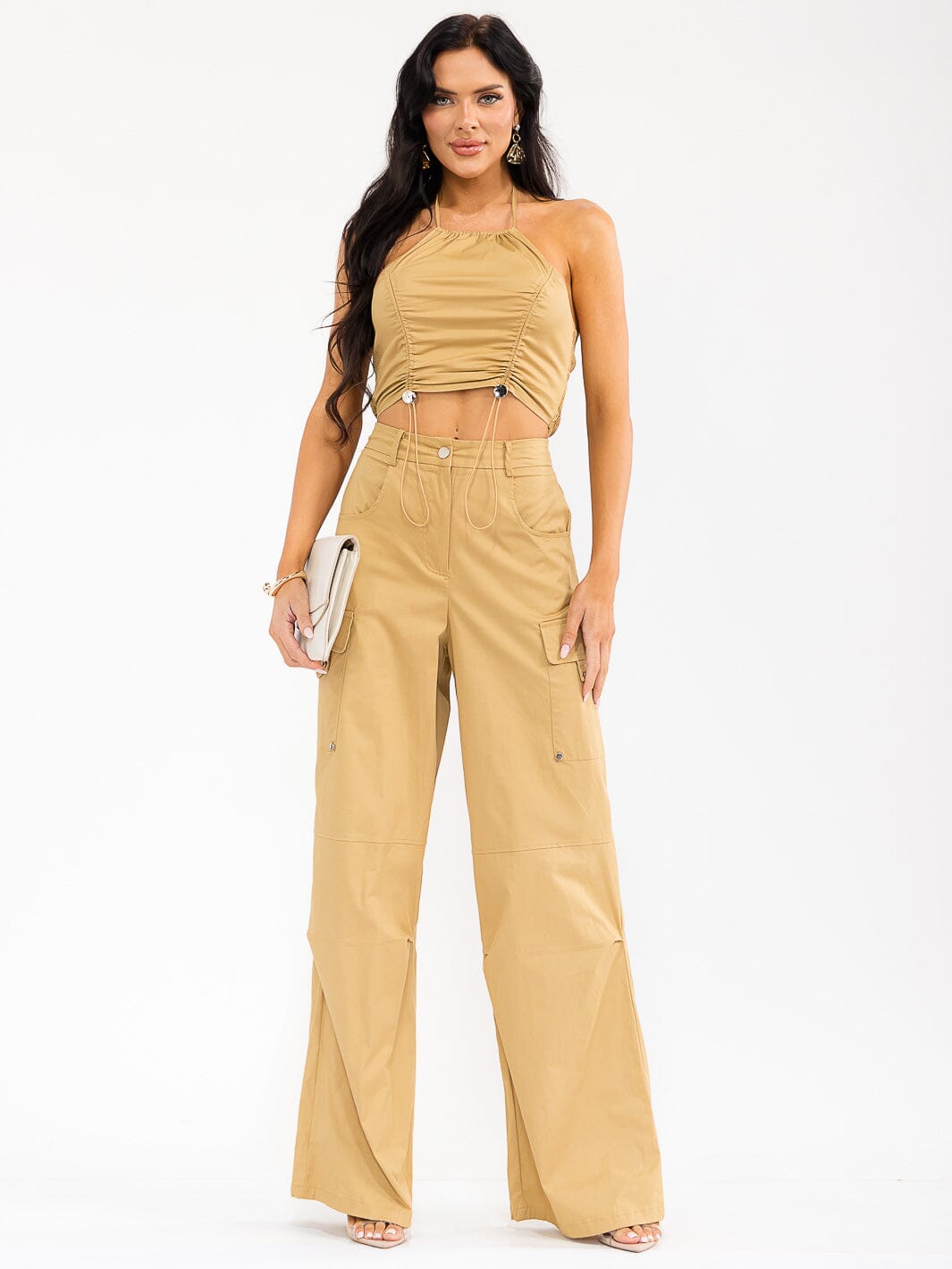 WOMEN'S SLEEVELESS CROP TOP & BUTTON CLOSURE PANTS SOLID 2PC. SET