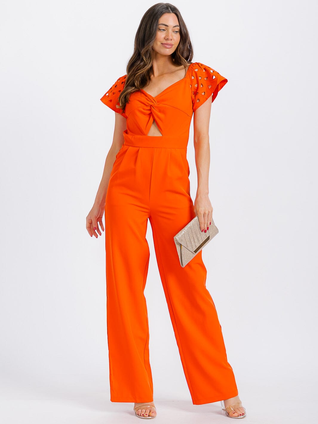 WOMEN'S SHORT SLEEVE V-NECK CUT OUT FRONT POCKETS WIDE LEG JUMPSUIT