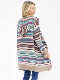 WOMEN'S LONG SLEEVE OPEN FRONT POCKETS MULTI PRINT HOODED CARDIGAN