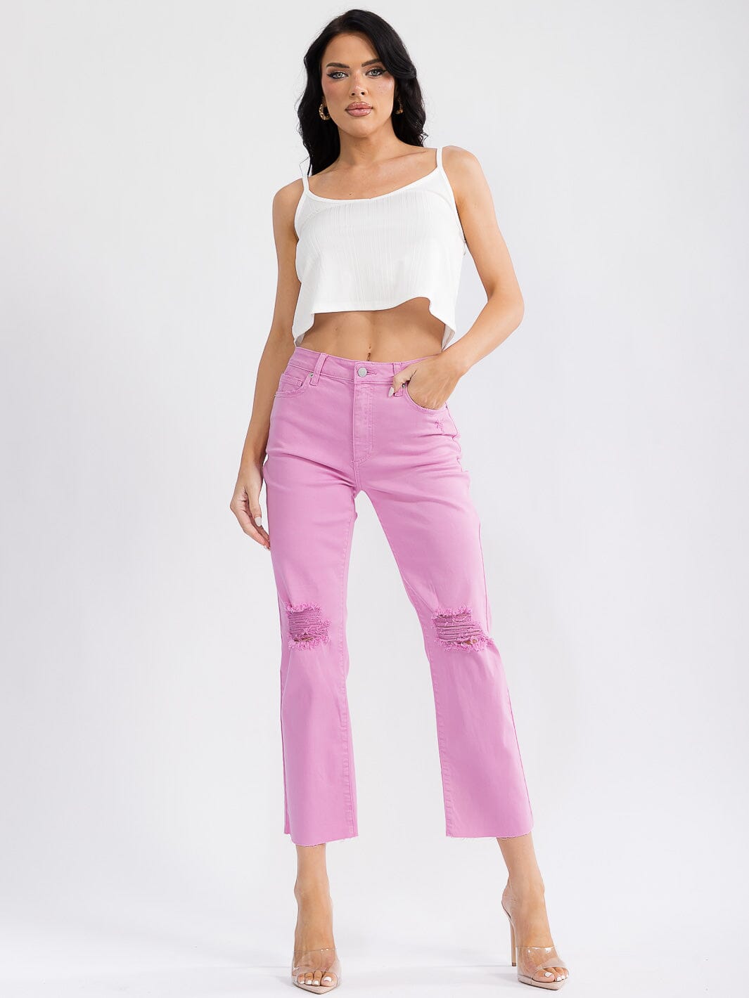 WOMEN'S BUTTON CLOSURE POCKETS DISTRESS WIDE LEG DENIM PANTS