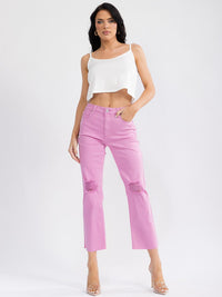 WOMEN'S BUTTON CLOSURE POCKETS DISTRESS WIDE LEG DENIM PANTS
