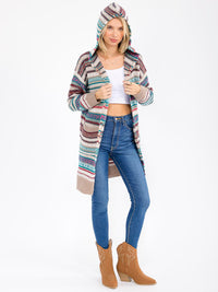 WOMEN'S LONG SLEEVE OPEN FRONT POCKETS MULTI PRINT HOODED CARDIGAN