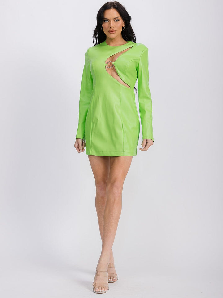 WOMEN'S LONG SLEEVE FRONT CUT OUT PU PLEATHER MINI DRESS