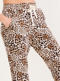 WOMEN'S ELASTIC WAIST SELF TIE FRONT POCKETS DISTRESS ANIMAL PRINT JOGGER PANTS