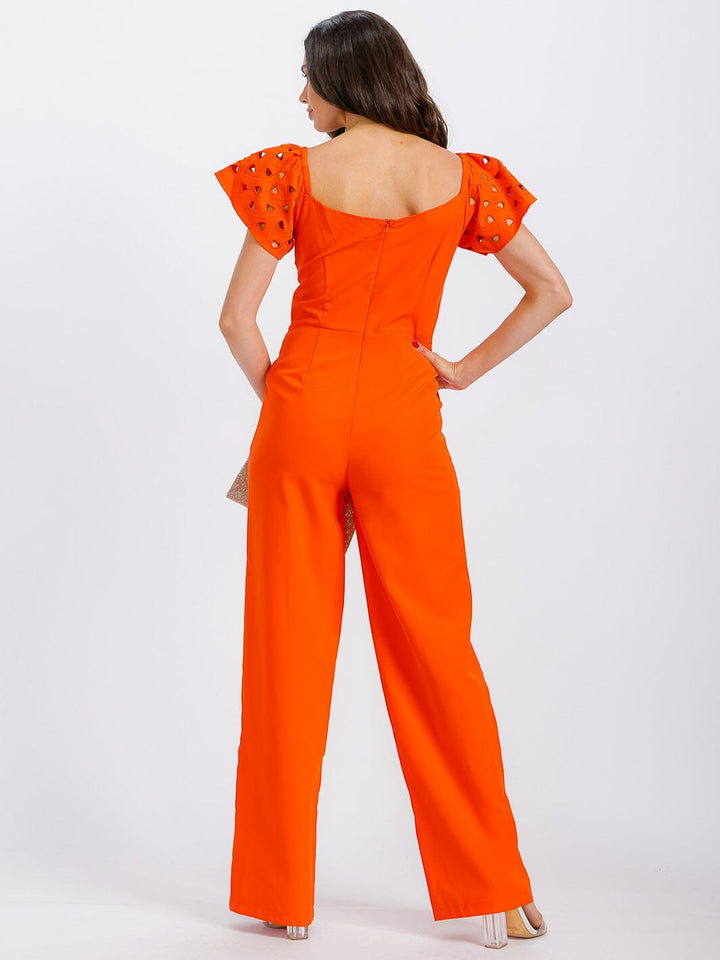 WOMEN'S SHORT SLEEVE V-NECK CUT OUT FRONT POCKETS WIDE LEG JUMPSUIT