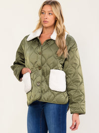 WOMEN'S LONG SLEEVE BUTTON CLOSURE FRONT POCKETS PUFFER SHERPA CONTRAST JACKET